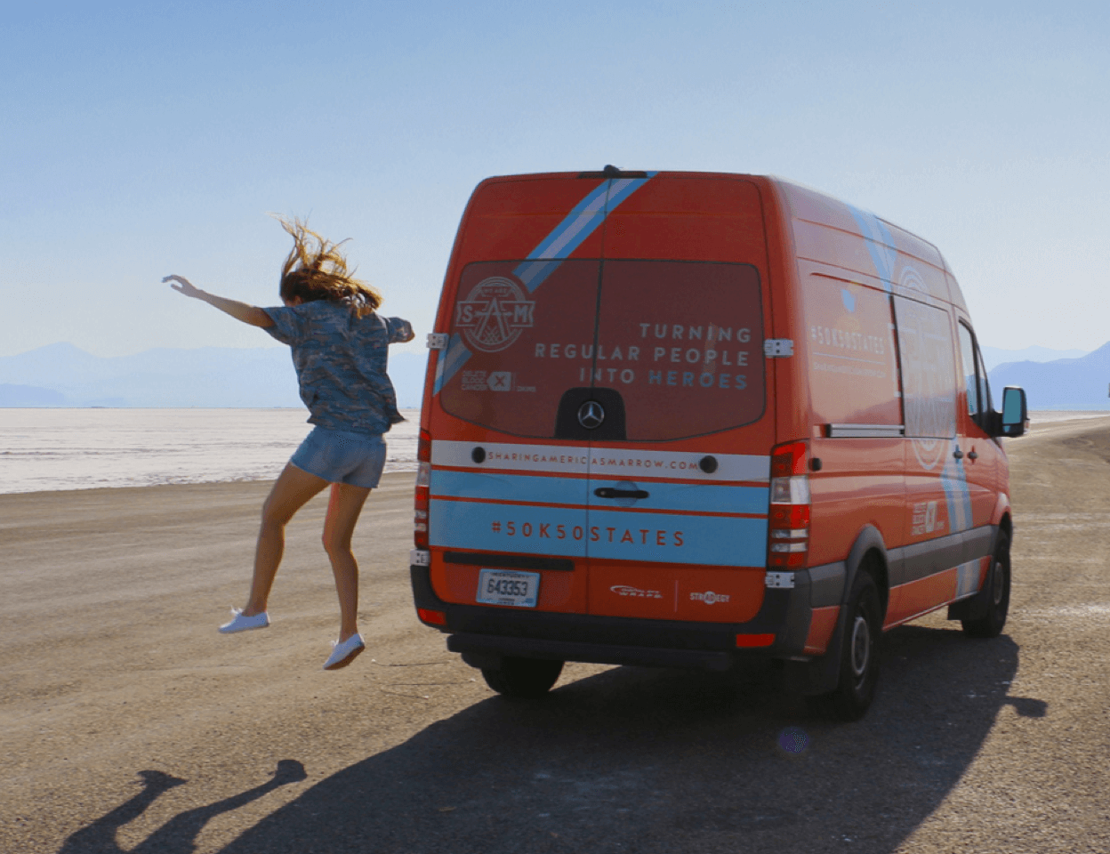 Sharing America's Marrow jumping from van