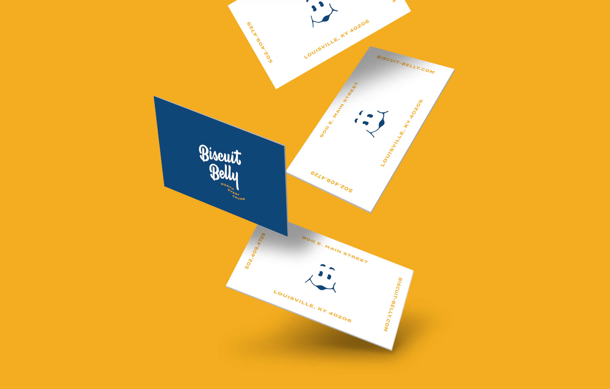 Biscuit Belly business cards falling wide