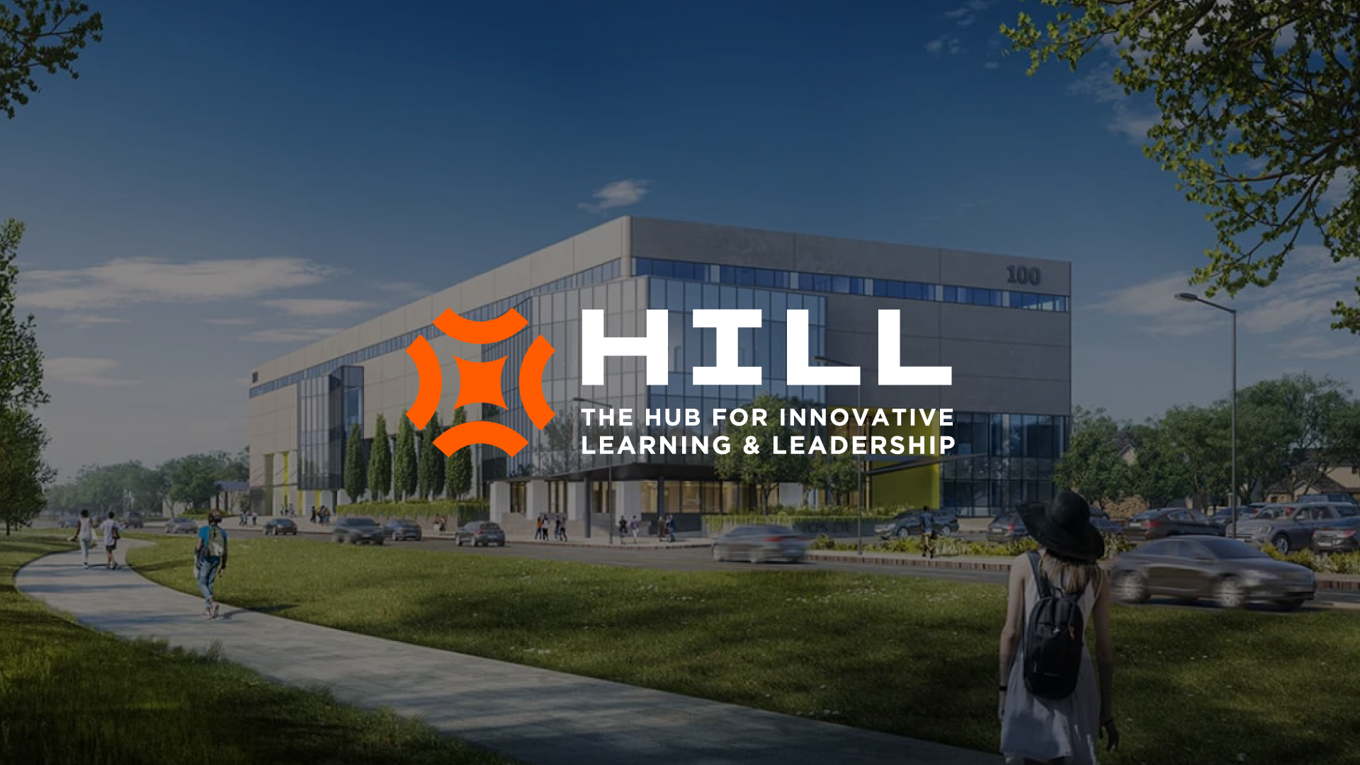 The HILL logo over a rendering of the school building