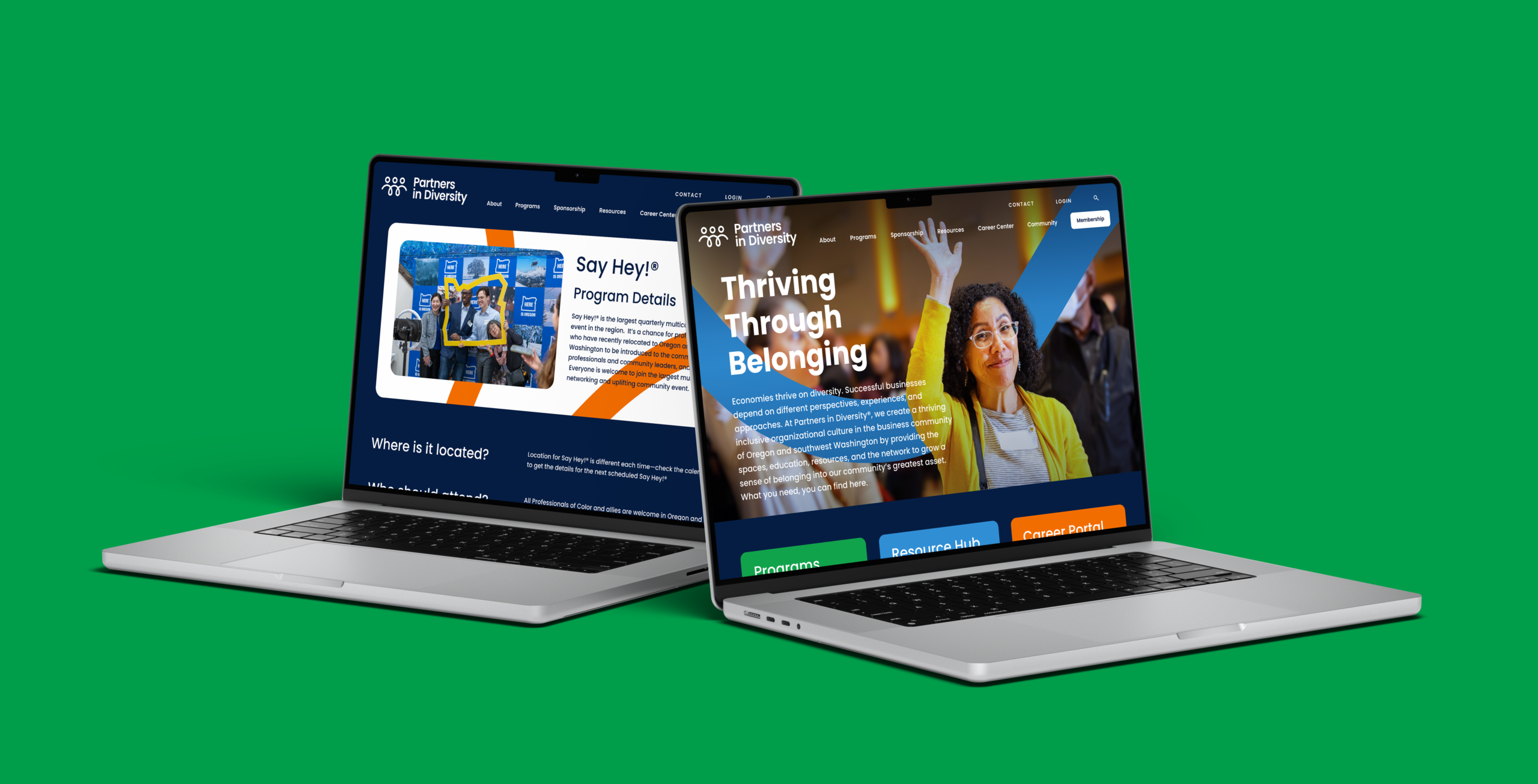 Two open laptops on a green background display colorful websites. One screen shows students in blue shirts; the other features a smiling person with Thriving Through Belonging text and navigation buttons.