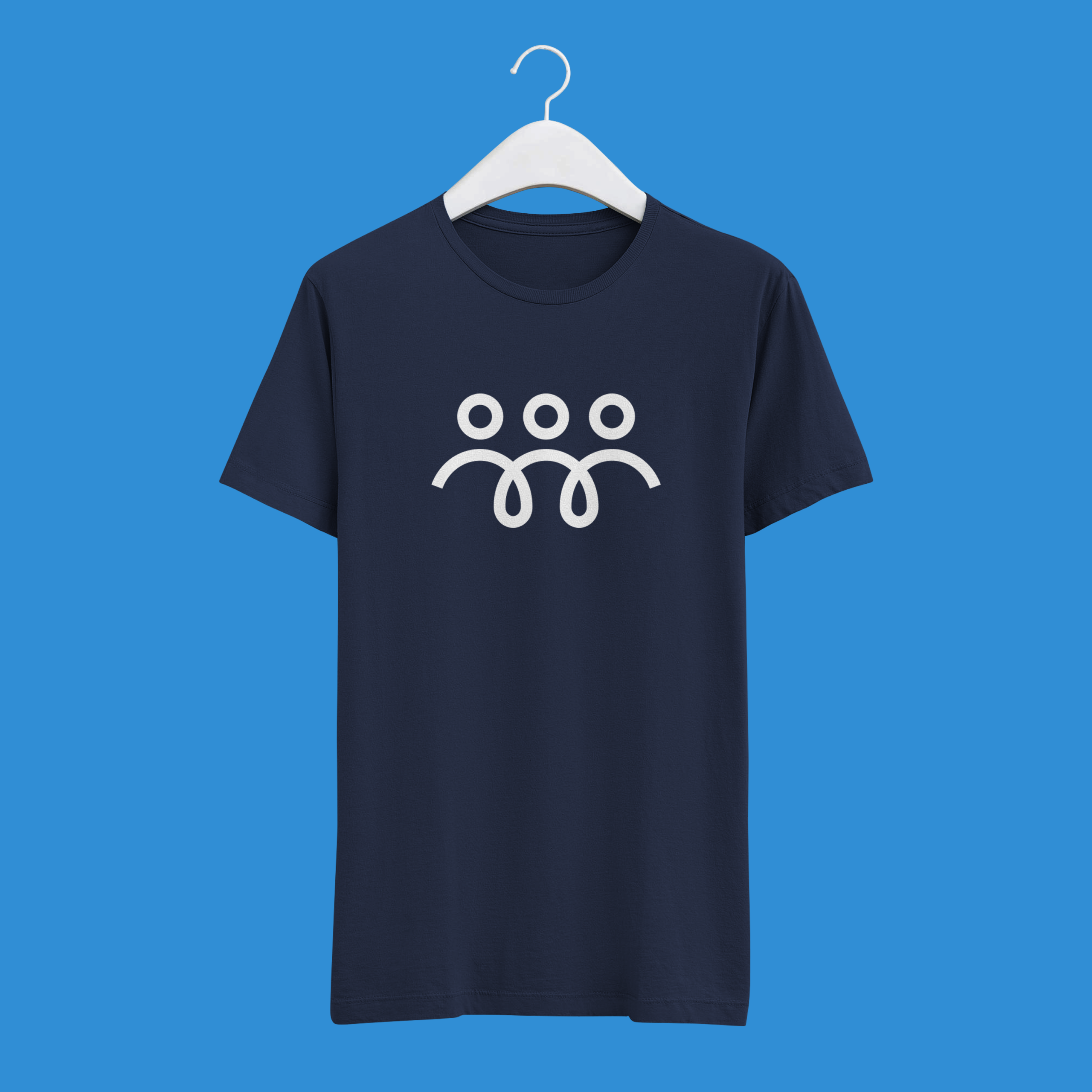 A navy blue t-shirt on a white hanger against a blue background, featuring a simple white graphic of three abstract human figures with curved lines and dots representing heads.