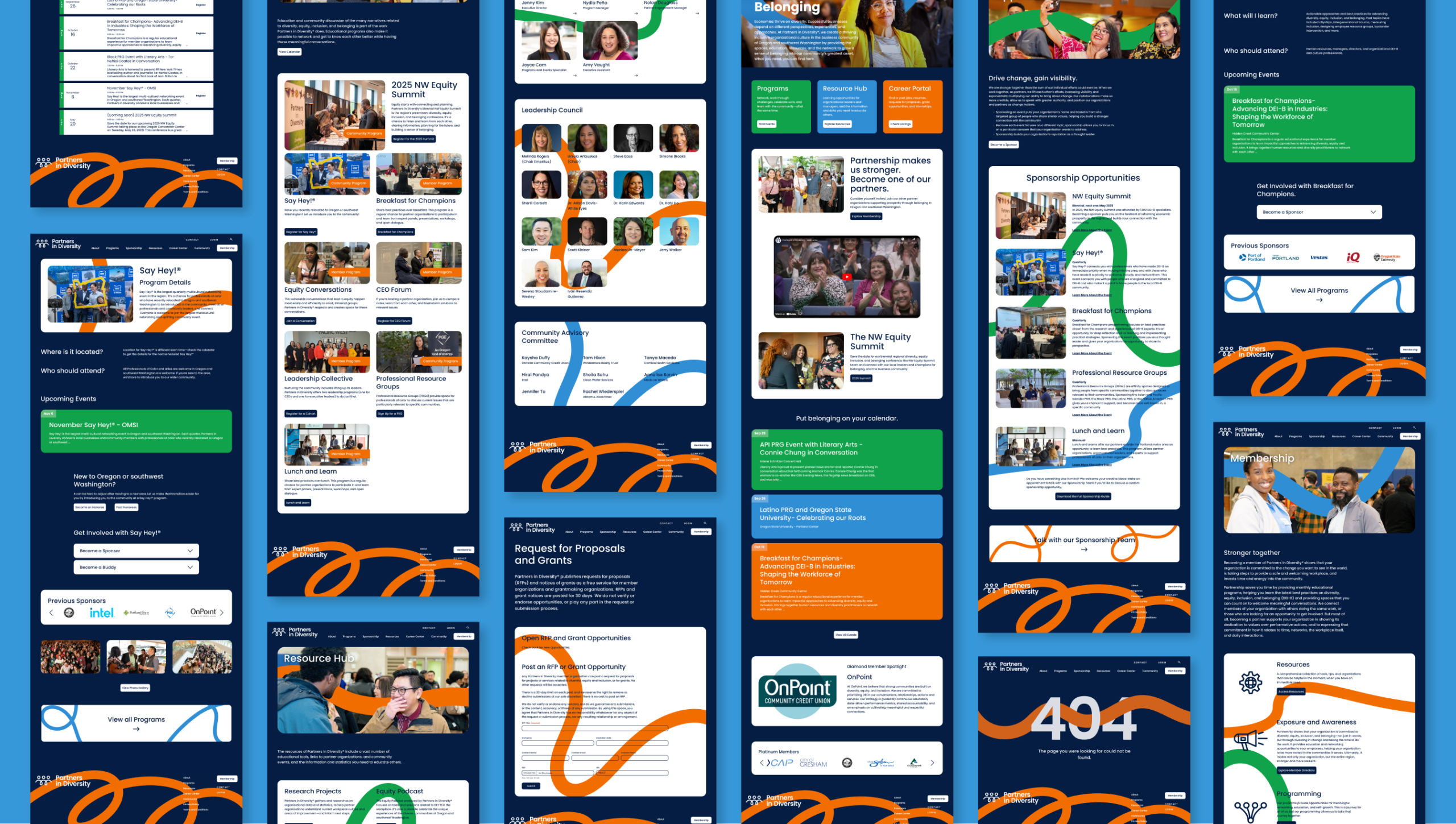 A collage of multiple website pages displayed vertically, featuring blue backgrounds, orange ribbon-like graphics, images of people, text sections, buttons, and logos, representing a nonprofit or educational organization’s site design.