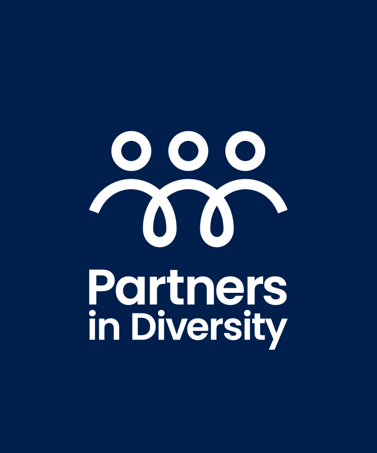 White icon of three stylized people connected side by side above the text “Partners in Diversity,” all on a dark blue background.