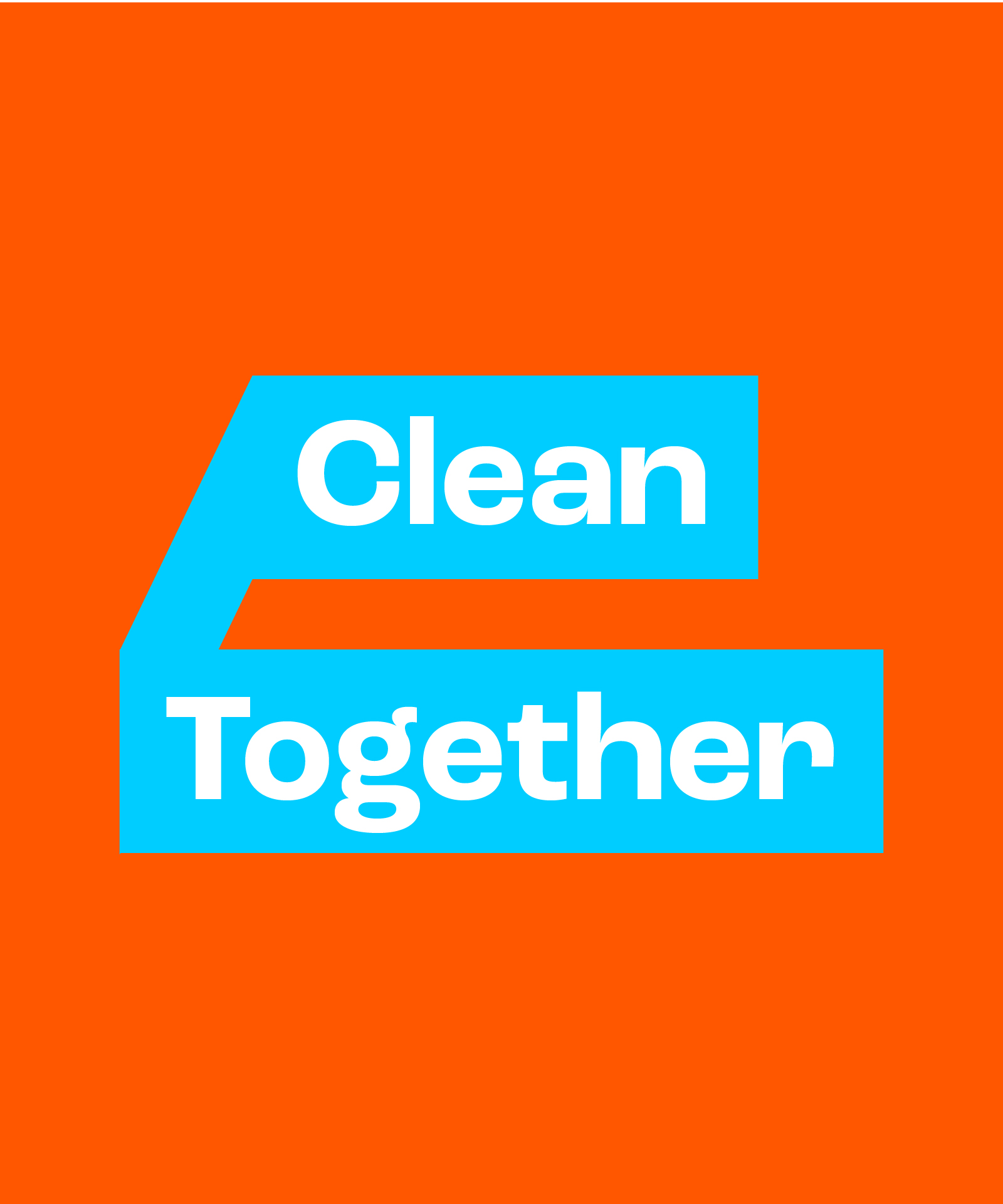The image features the words Clean Together in bold white text on a blue geometric shape, set against a bright orange background.