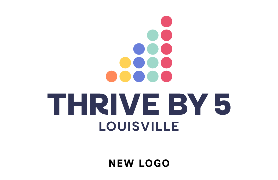 Logo with colorful dots forming an upward triangle above the words THRIVE BY 5 LOUISVILLE in bold navy text. NEW LOGO is written below in smaller black letters.