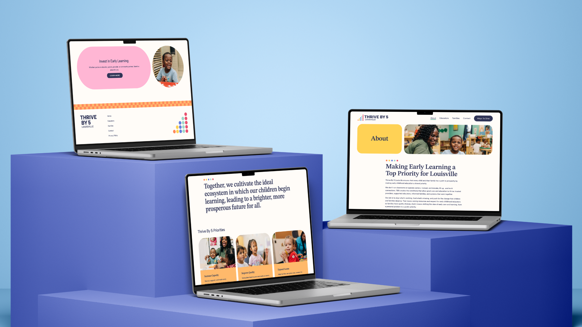Three laptops on blue platforms display colorful website pages about early childhood education, featuring photos of children, text about learning, and playful design elements on pink, white, and blue backgrounds.