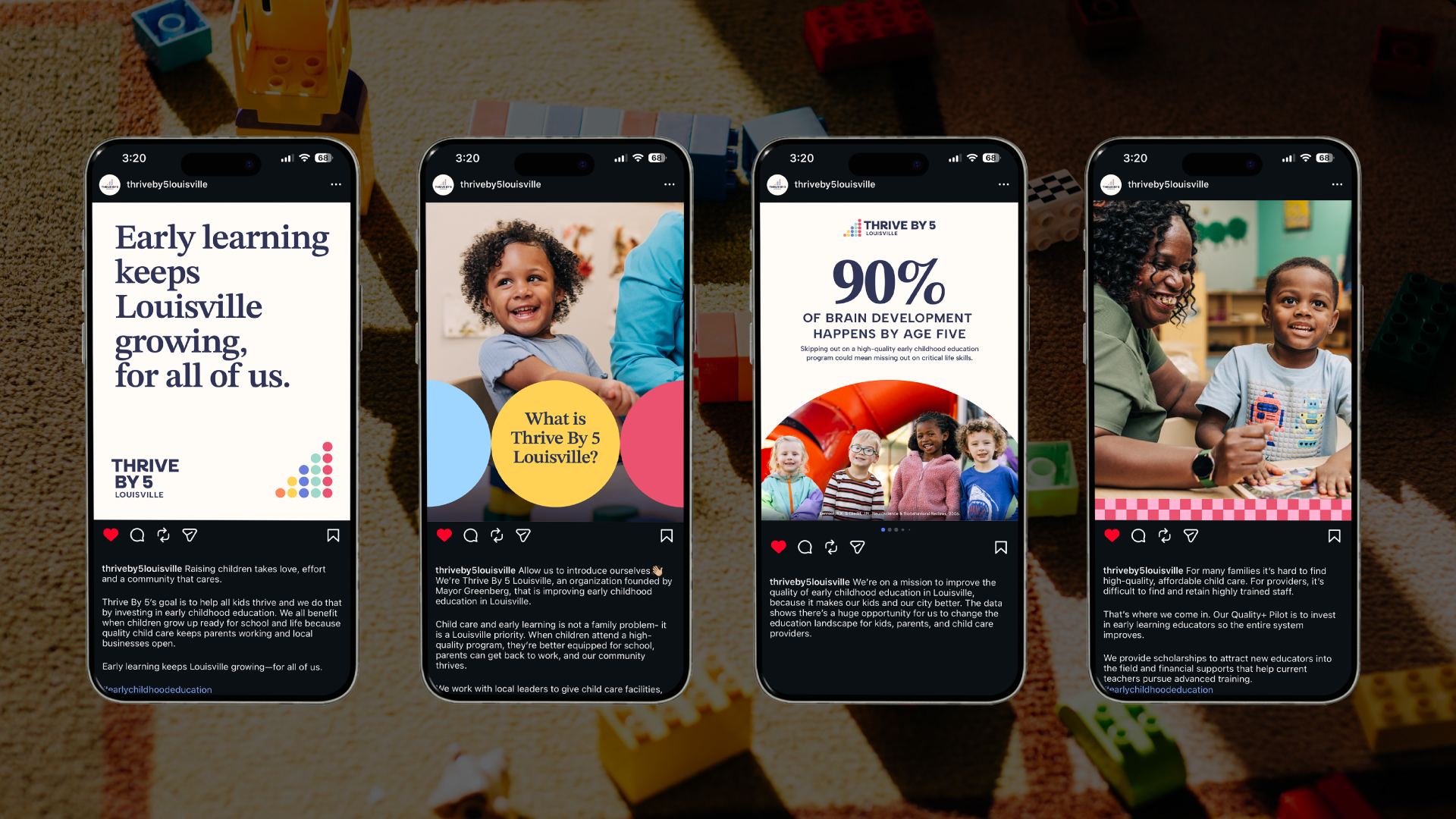 Four smartphones display Thrive By 5 Louisville Instagram posts about early childhood development, featuring children, parents, and key messages on early learning and brain growth, against a background of scattered toy blocks.
