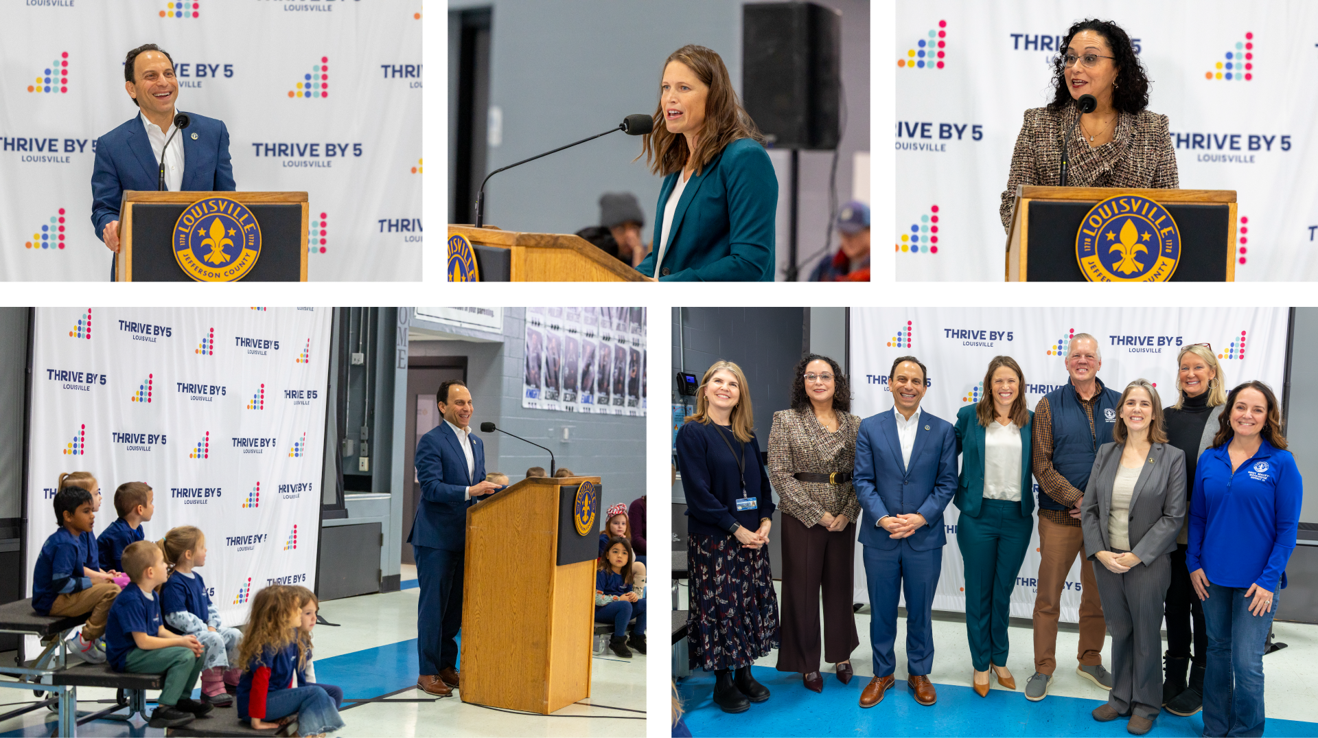 A collage shows speakers at a podium, a woman speaking, children seated and listening, and a group posing together at a Thrive By 5 Louisville event with branded banners in the background.
