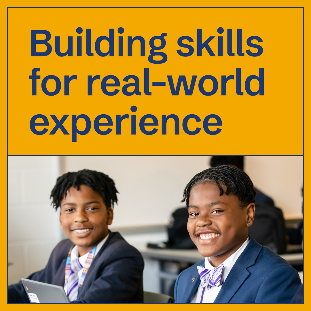 Two students in suits and bow ties smile while seated in a classroom with laptops. Above them, large text reads, Building skills for real-world experience on a yellow background.