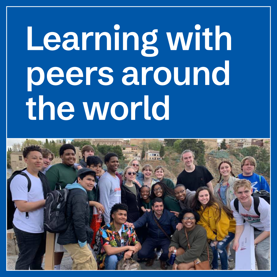 A diverse group of young adults pose together outdoors, smiling at the camera. Above them, large text reads, “Learning with peers around the world” on a blue background.