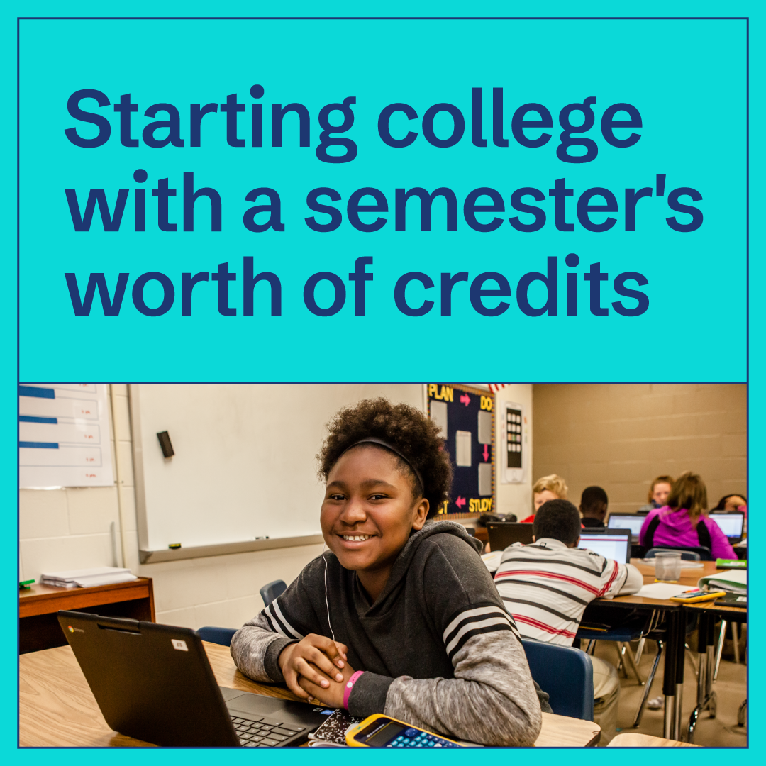 A smiling student sits at a classroom desk with a laptop, calculator, and phone. Text above reads, Starting college with a semesters worth of credits. Other students work in the background.