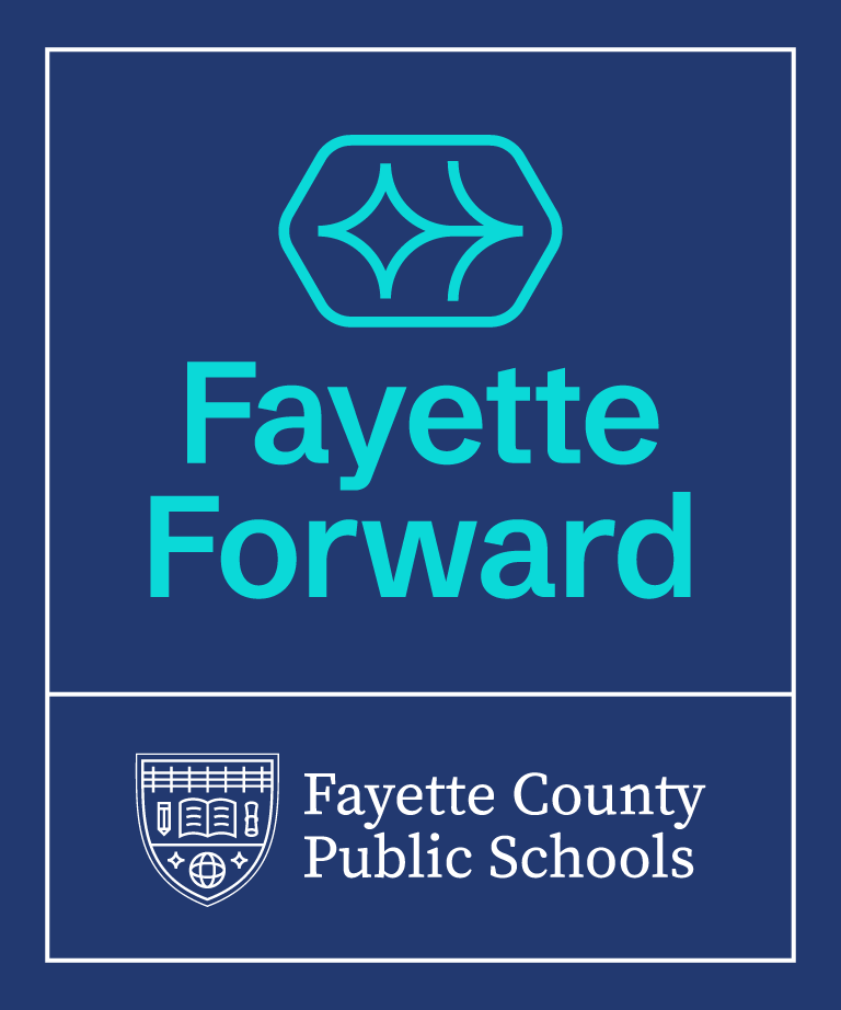 The image features the text Fayette Forward in bright blue, with a stylized right-facing arrow above it. Below, the Fayette County Public Schools logo and name appear in white on a dark blue background.