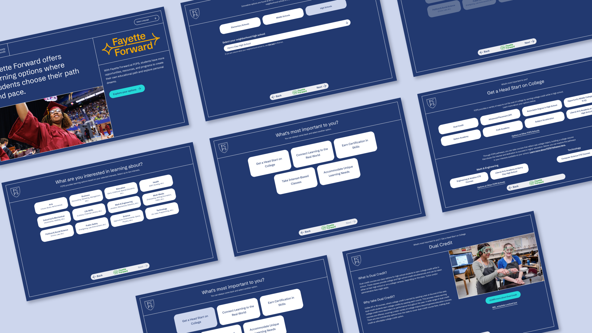 A collage of blue web interface screens displaying educational options, quiz questions, and images of students, including a graduate in cap and gown and two students working together in a classroom.