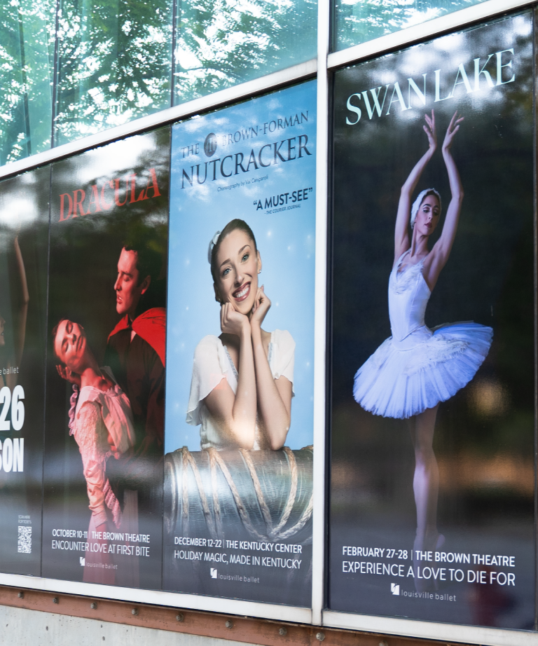 Three ballet posters: Dracula with a couple dancing, Nutcracker featuring a smiling ballerina in costume, and Swan Lake showing a ballerina in a white tutu, each with dates and locations.