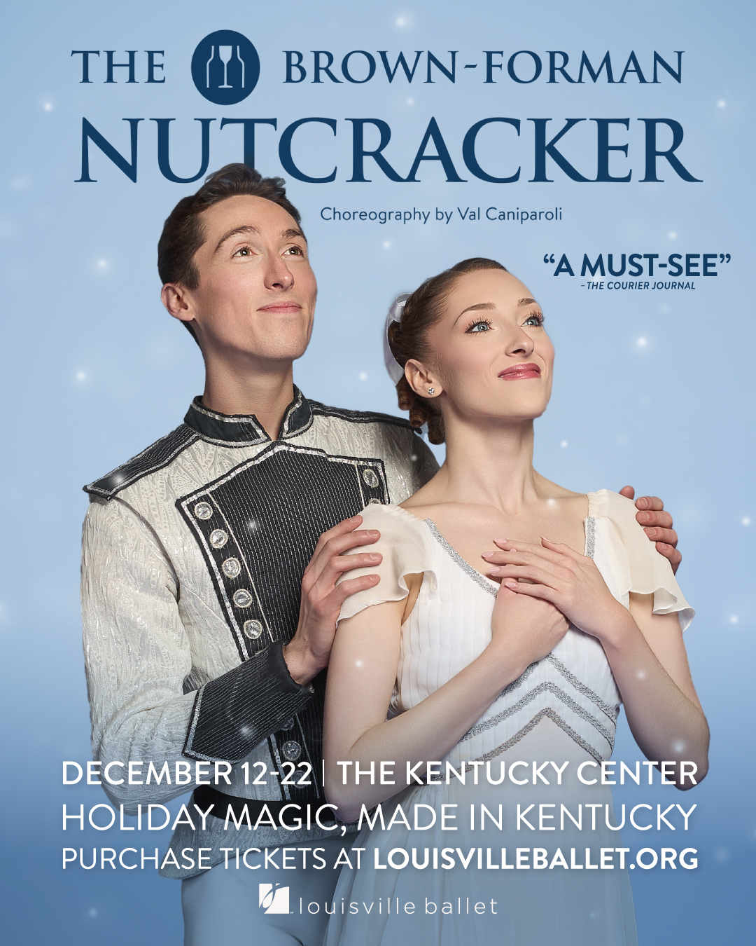 Two ballet dancers in costume pose gracefully against a blue, starry background. The male dancer wears a silver and black uniform, while the female dancer wears a white dress. Text promotes The Brown-Forman Nutcracker by Louisville Ballet.