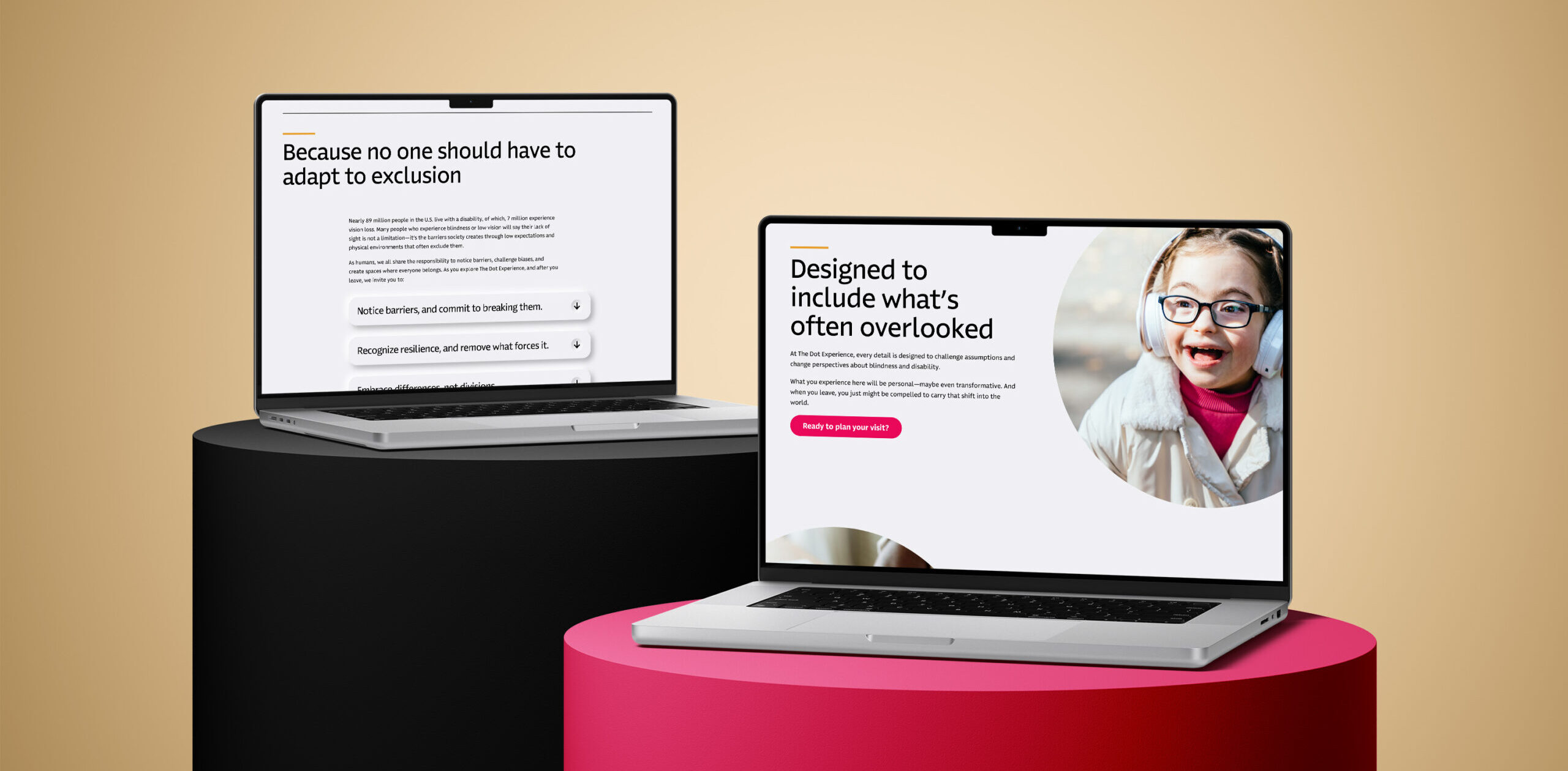 Two laptops on circular podiums display inclusive design website pages; one screen shows text about exclusion, the other shows a smiling child in glasses and a white coat next to text about overlooked inclusion.