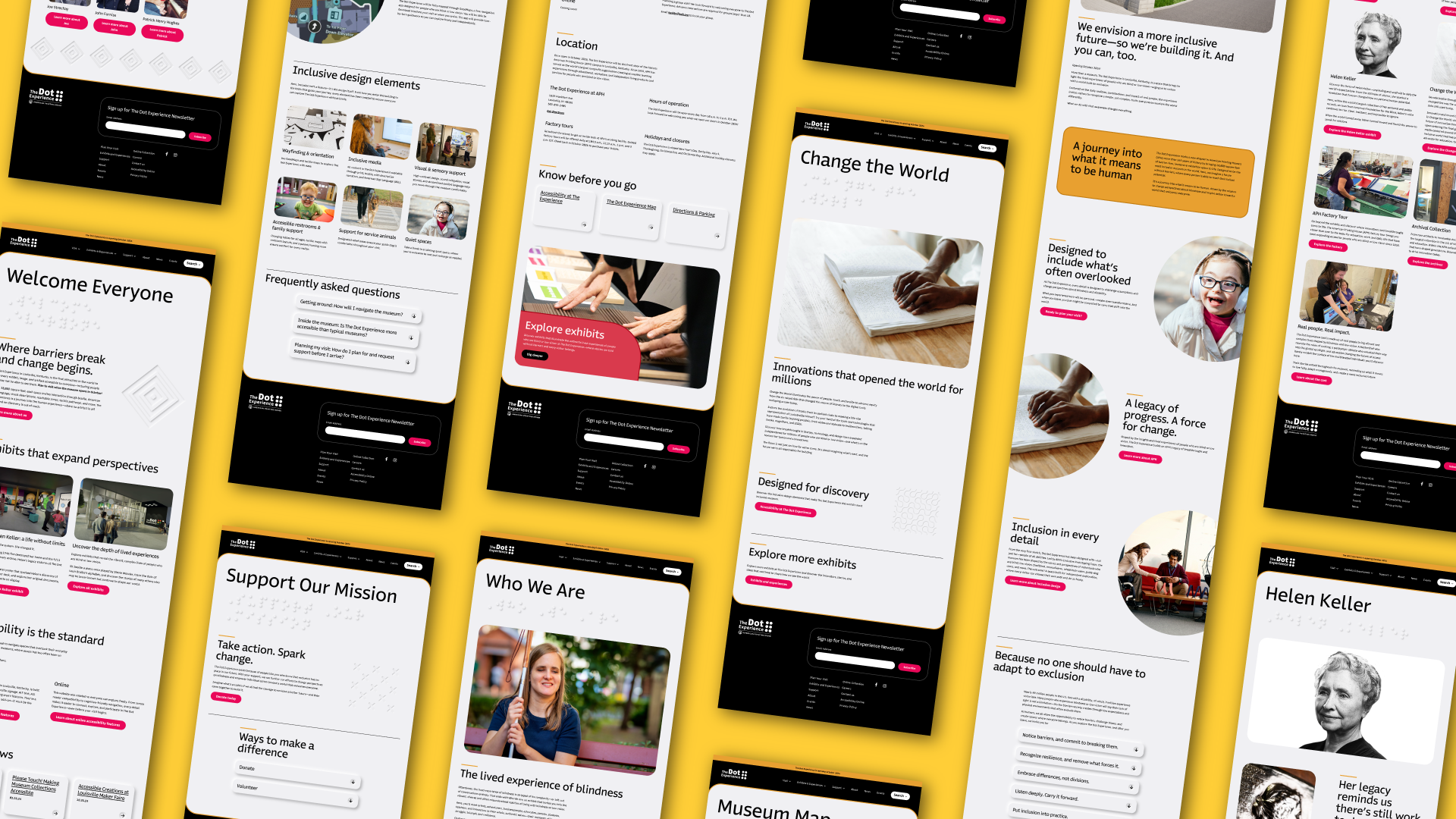 A digital mockup displays multiple mobile-friendly website screens on a yellow background, showcasing pages about exhibitions, mission statements, famous figures, FAQs, and donation options, all with a modern design and vibrant accents.
