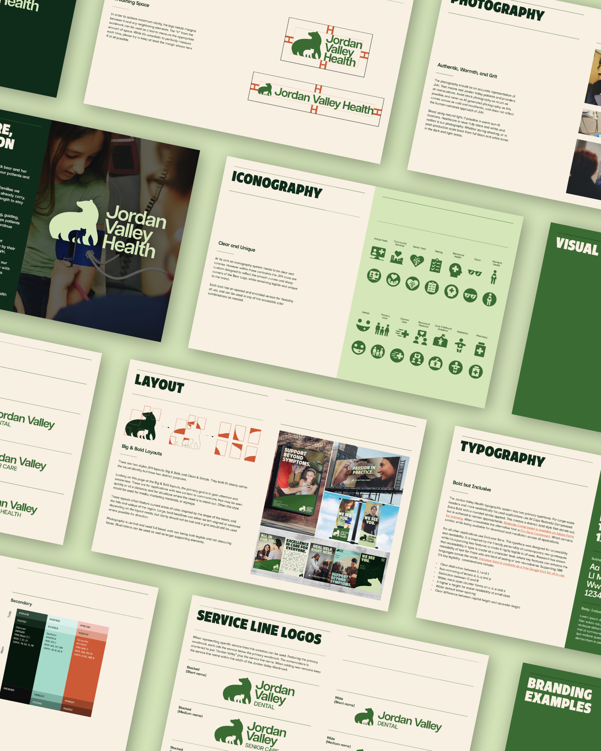 A flat lay of branding guideline pages for Jordan Valley Health, showing logo designs, color palettes, typography, iconography, layout examples, and service line logos on a green background.