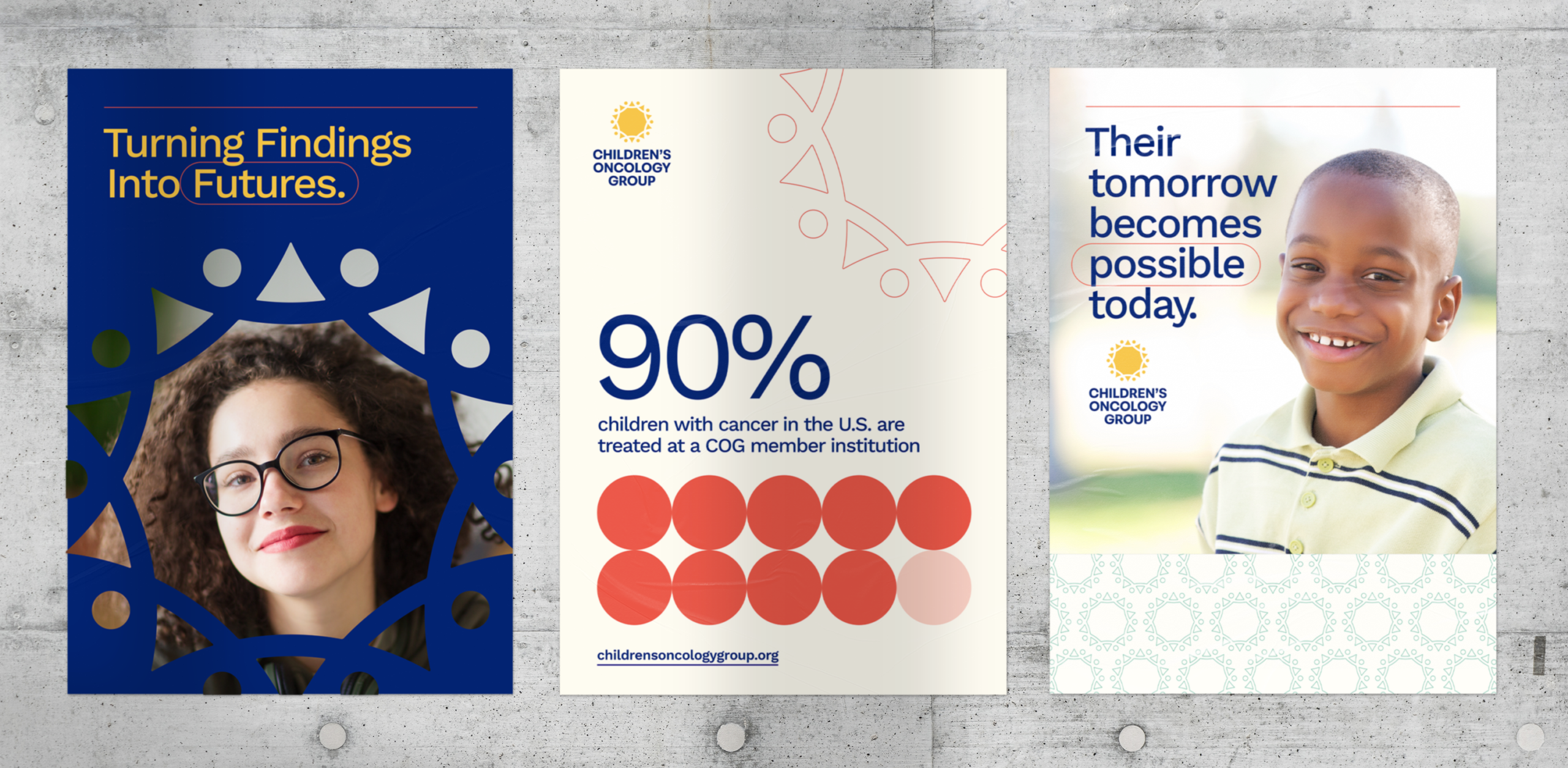 Three posters on a wall promote the Childrens Oncology Group, featuring a woman, cancer treatment statistics, and a smiling boy. Slogans emphasize hope and future possibilities for children with cancer.