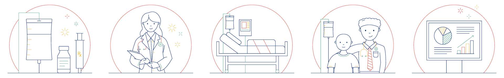 Minimalist illustration showing medical supplies, a doctor with a clipboard, a hospital bed, two people (possibly a patient and family), and a doctor presenting data on a large chart.