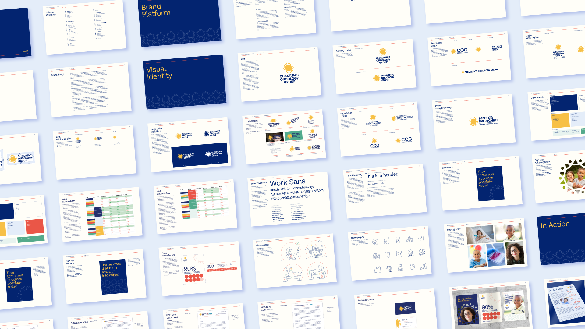 A grid of digital slides showcases a brand guideline document with sections on visual identity, color schemes, logos, fonts, templates, and usage examples in blue, white, and yellow.