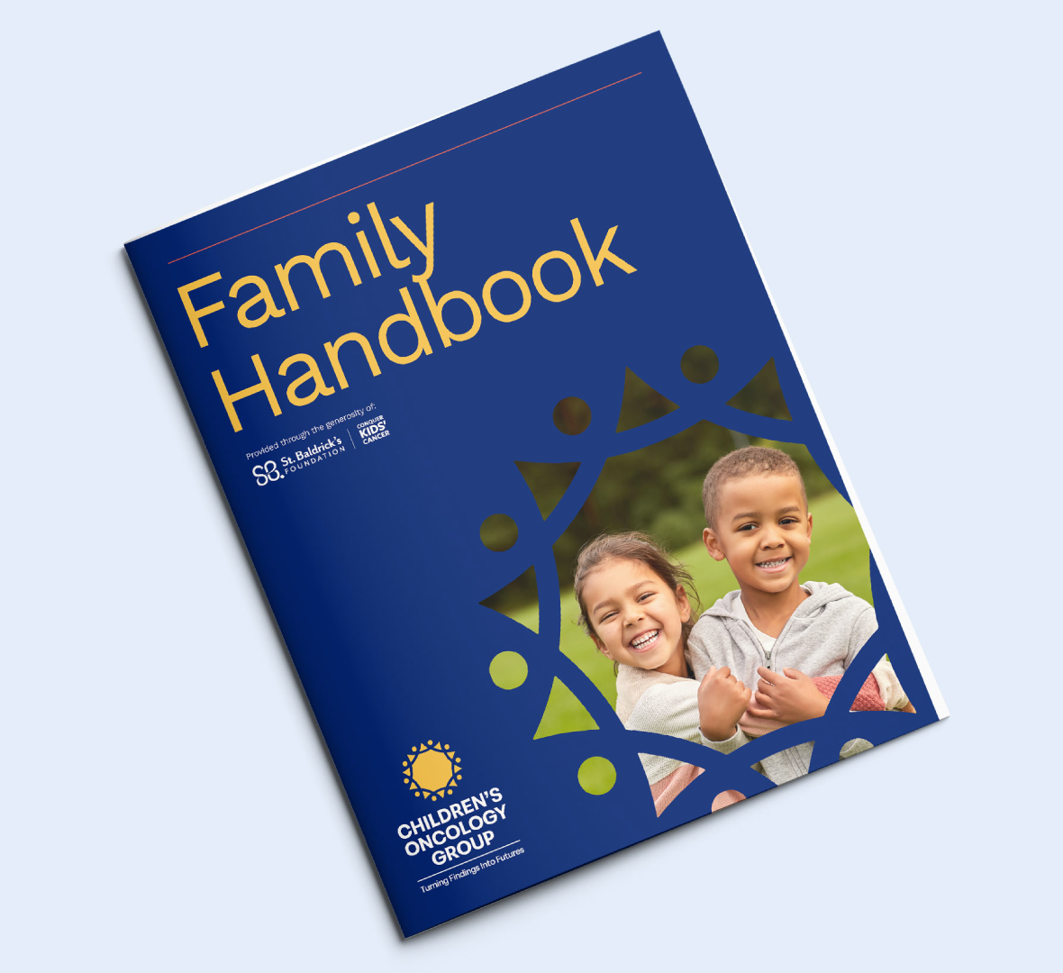 A blue booklet titled Family Handbook features a smiling girl and boy on the cover, with the Childrens Oncology Group logo and sunburst design at the bottom left.