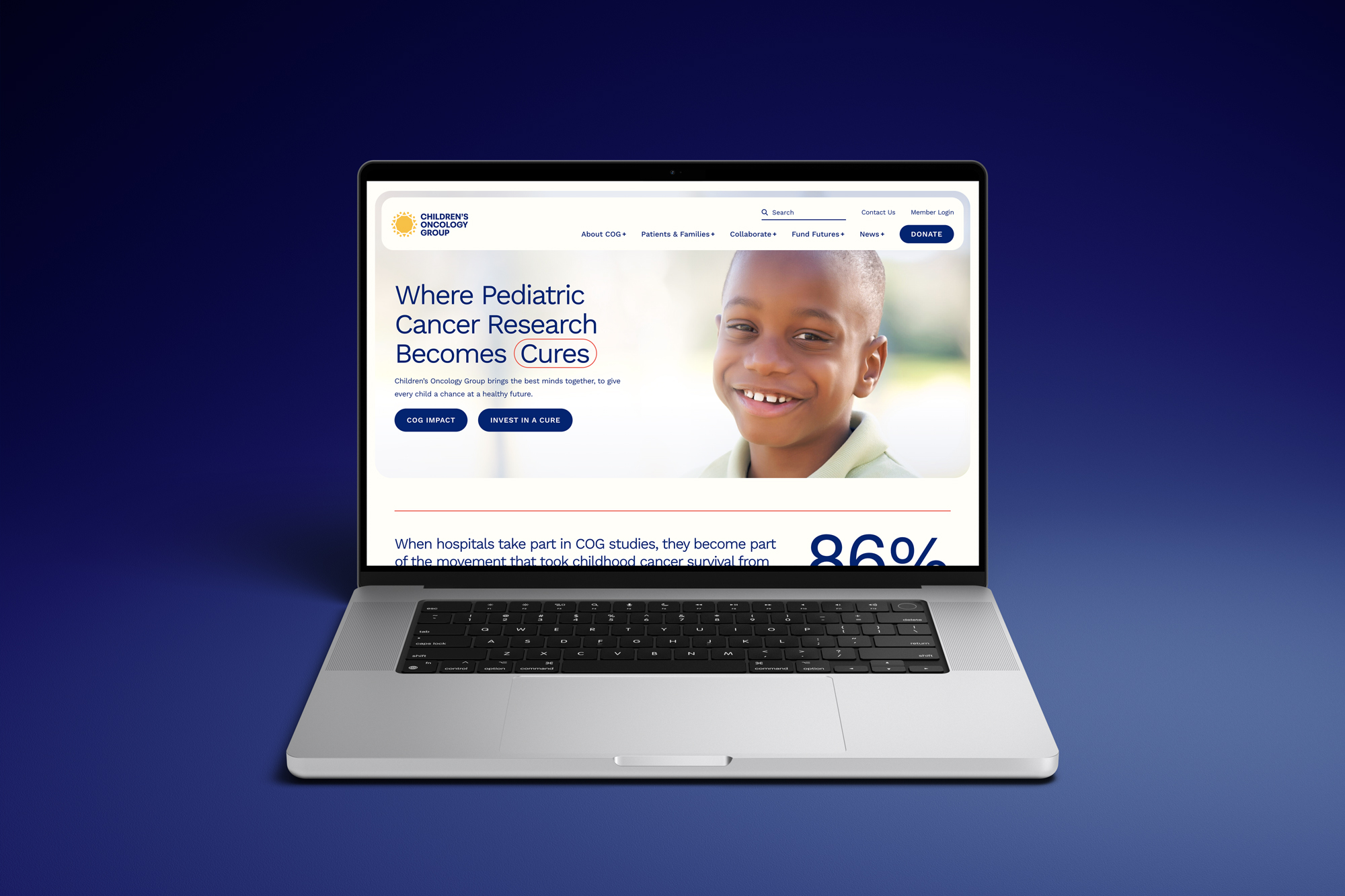 A laptop on a blue gradient background displays a website for pediatric cancer research, featuring a smiling child and the headline Where Pediatric Cancer Research Becomes Cures..