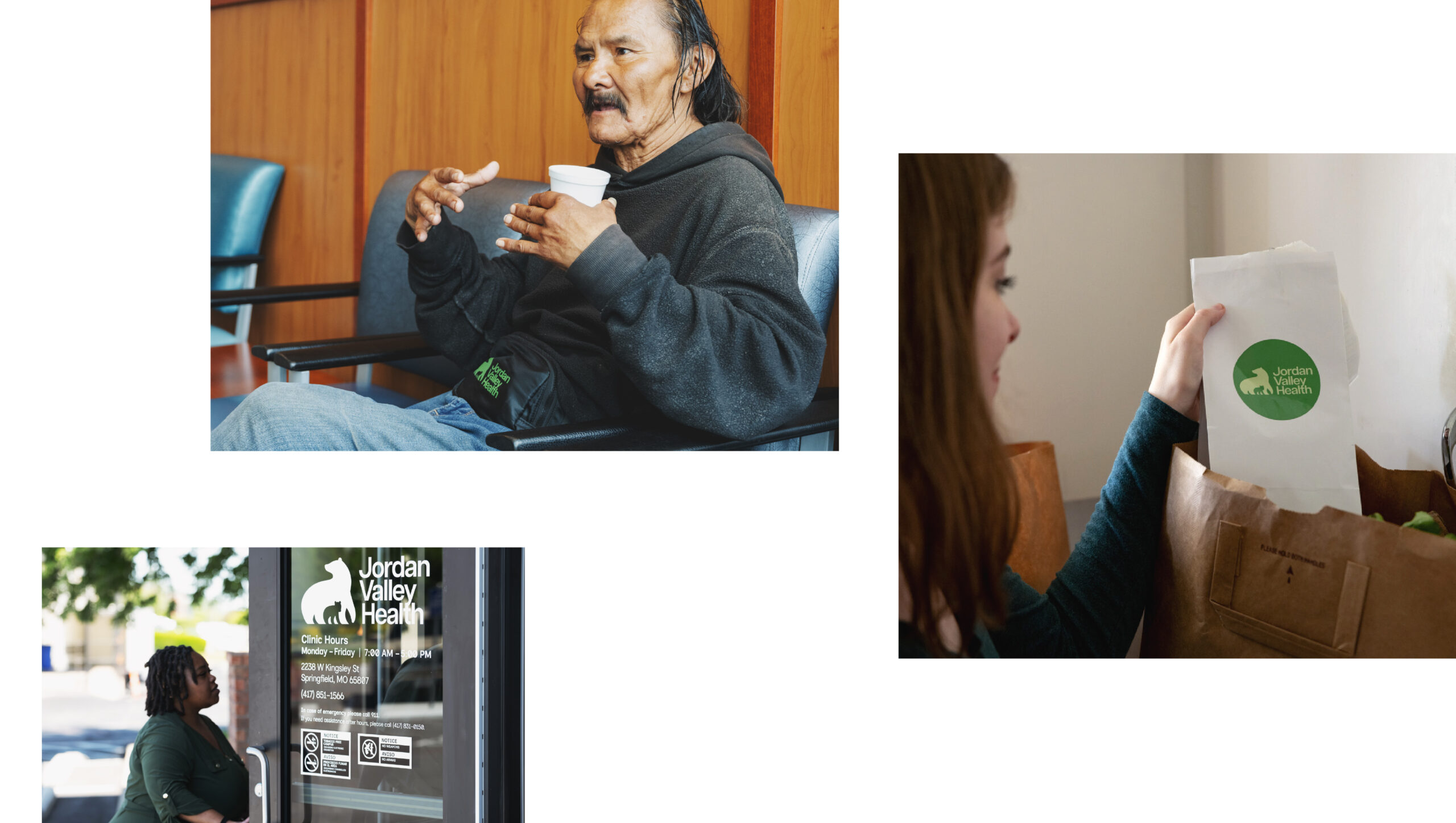 Three images: a man holding a cup talks in a waiting area; a woman hands a grocery bag with a Jordan Valley Health sticker; another woman enters a building with a Jordan Valley Health sign and QR codes.