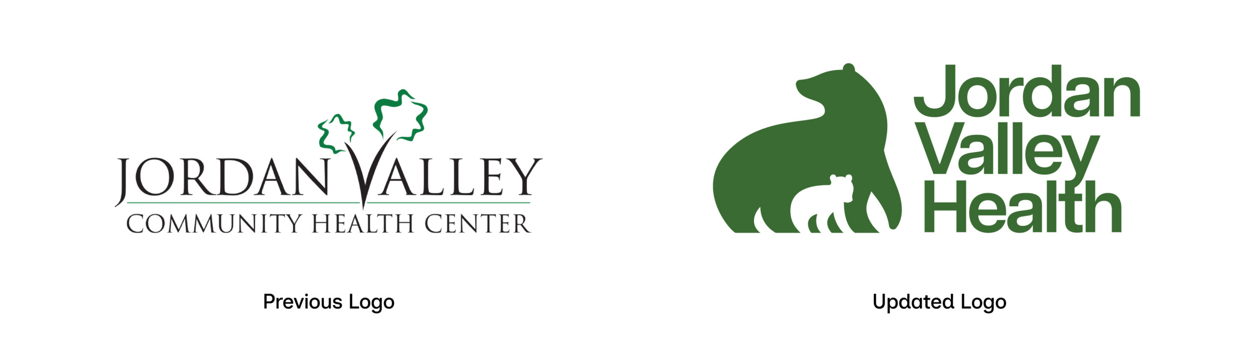 Two logos: The old logo reads Jordan Valley Community Health Center with oak leaves above. The new logo shows a large green bear with a cub and says Jordan Valley Health in bold green letters.