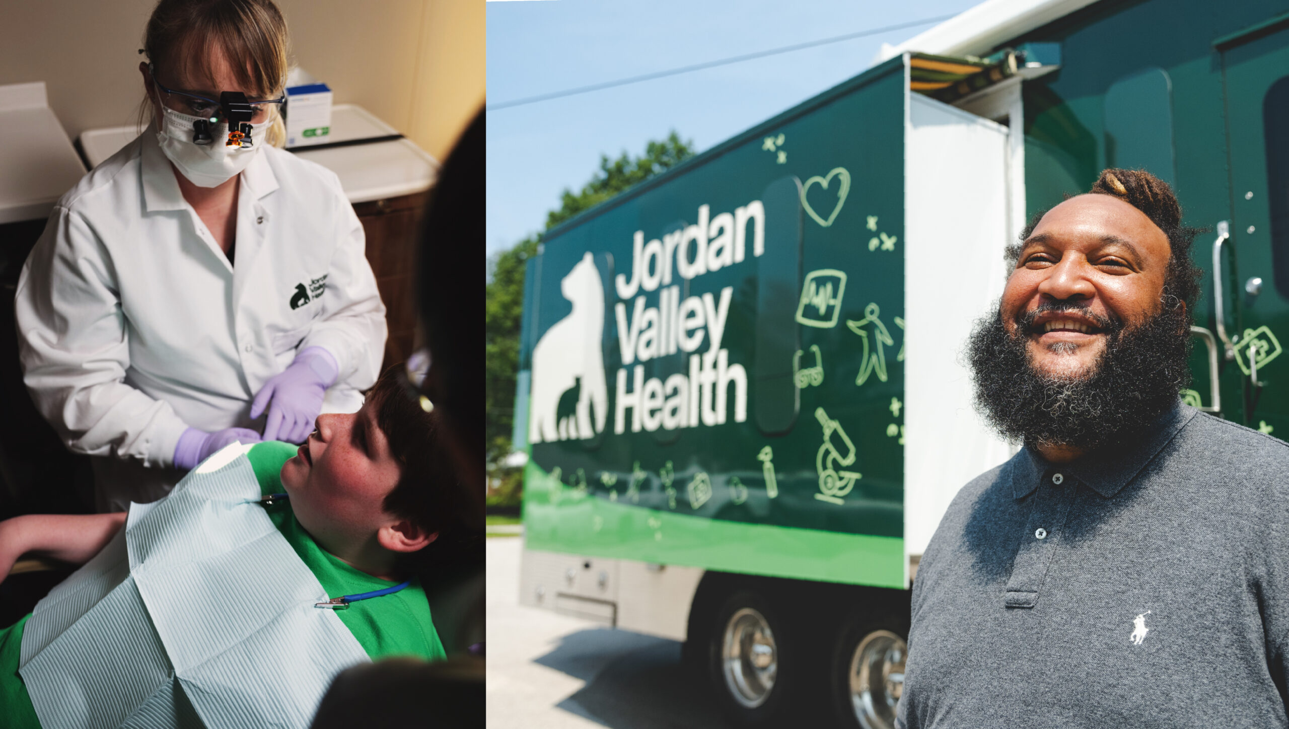 A dentist treats a patient indoors on the left; on the right, a smiling man stands outside in front of a green Jordan Valley Health mobile clinic truck, showcasing the organization’s distinctive branding.