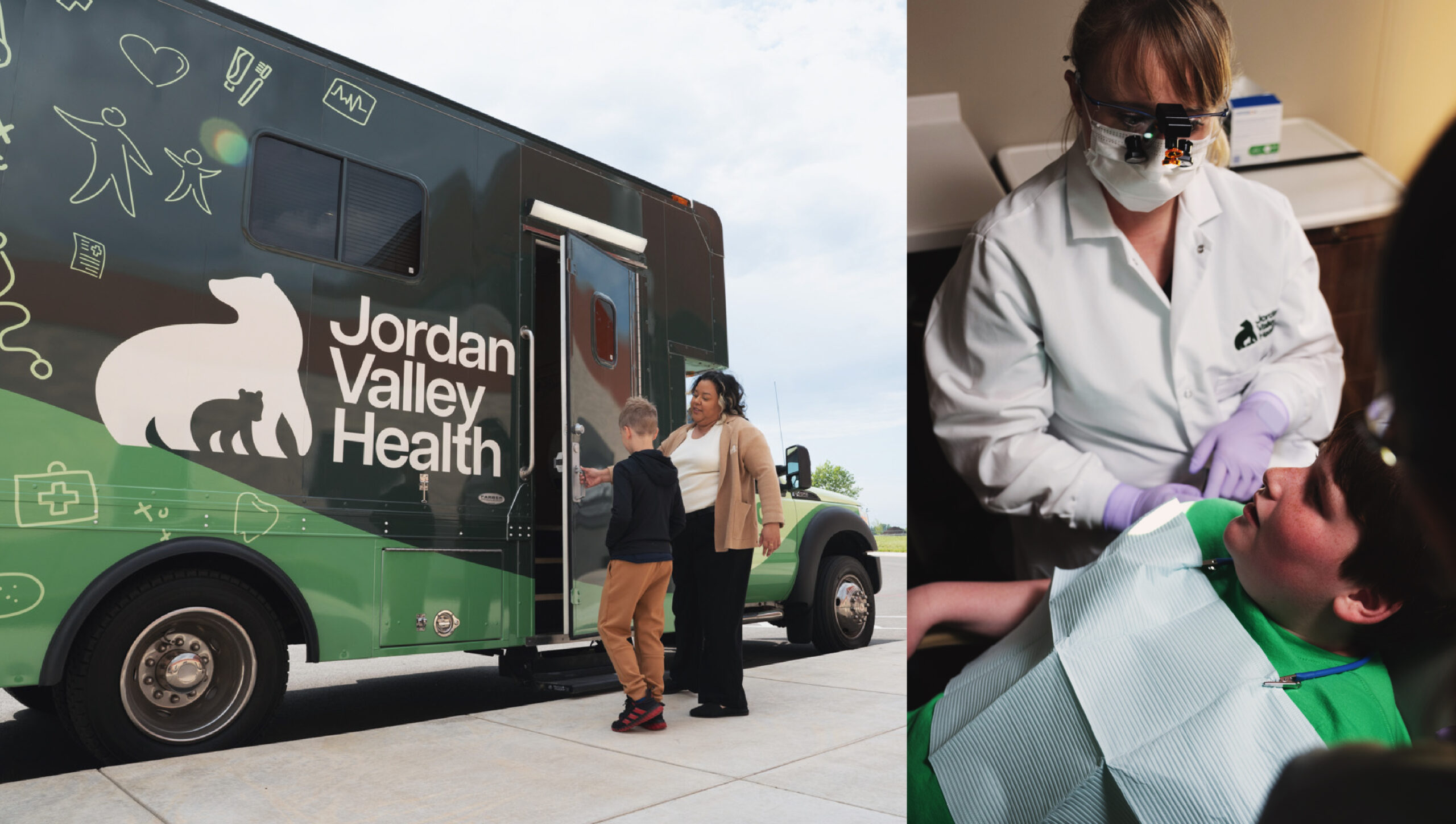 A boy and woman enter a Jordan Valley Health mobile clinic. On the right, a dental professional examines a patient in a treatment chair.