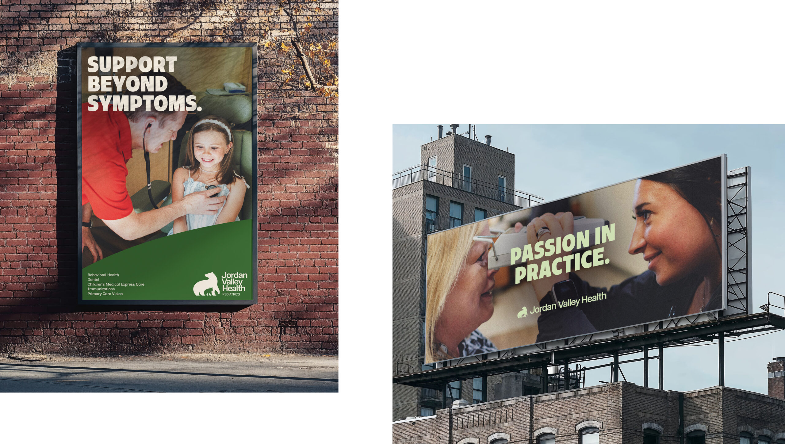 Two health clinic ads: One shows a healthcare worker checking a smiling girls heartbeat, reading SUPPORT BEYOND SYMPTOMS. The other shows a woman and child smiling, with the text PASSION IN PRACTICE. Both are for Jordan Valley Health.