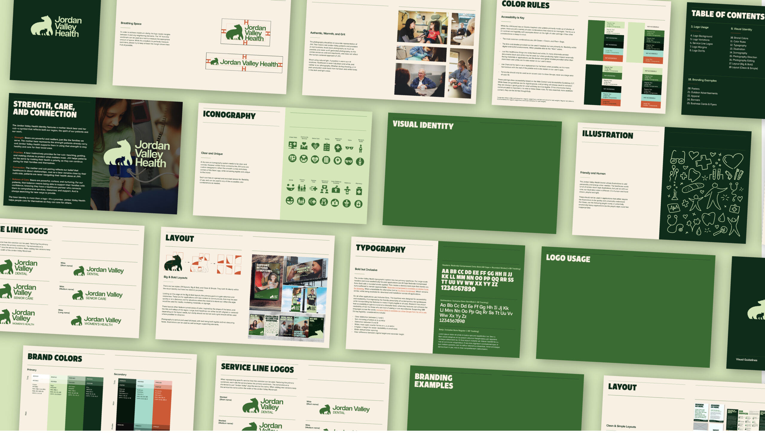 A collage of branding guideline pages for Jordan Valley Health, featuring logos, color palettes, typography, iconography, illustrations, and example brand applications, all with a green and white theme.