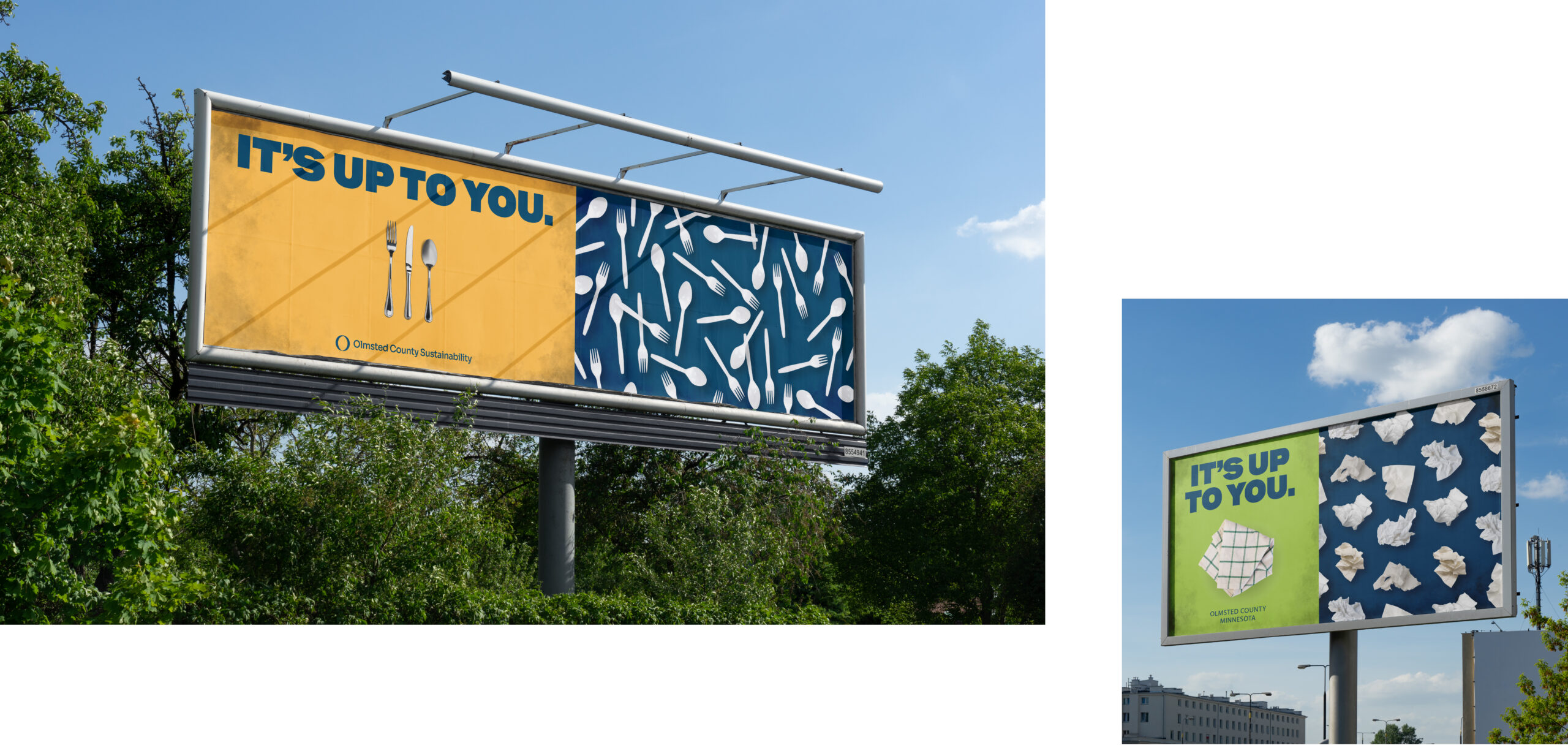 Two billboards for Olmsted County Sustainability, one featuring silverware and one featuring crumpled paper, both with the text ITS UP TO YOU.