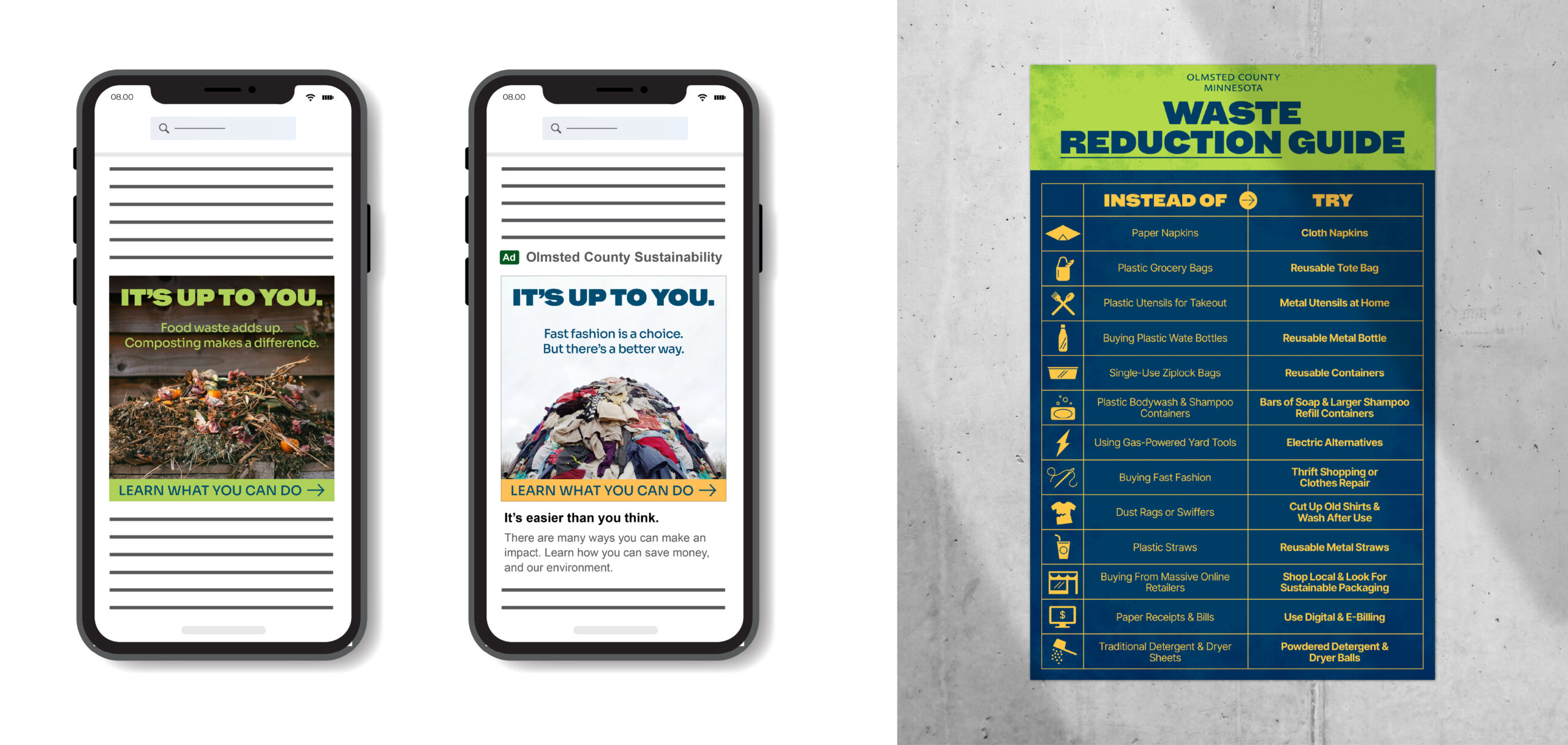 Two mobile phone screens displaying an advertisement for Olmsted County Sustainability, alongside a Waste Reduction Guide chart comparing single-use items with sustainable alternatives.