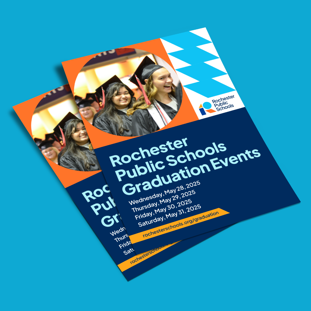 Flyer for Rochester Public Schools graduation events held from Wednesday, May 28, 2025, to Saturday, May 31, 2025, featuring a circular photo of smiling graduates in caps and gowns.