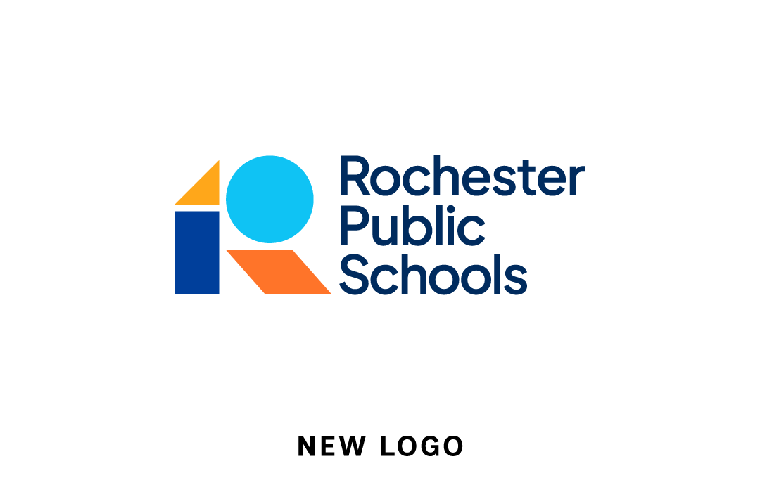 Logo for Rochester Public Schools featuring a stylized letter R made of geometric shapes next to the text Rochester Public Schools.