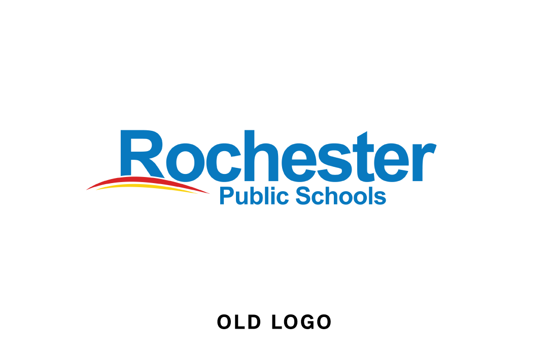 Logo for Rochester Public Schools, featuring the text Rochester Public Schools with a red and yellow curved swoosh underneath, labeled OLD LOGO below.