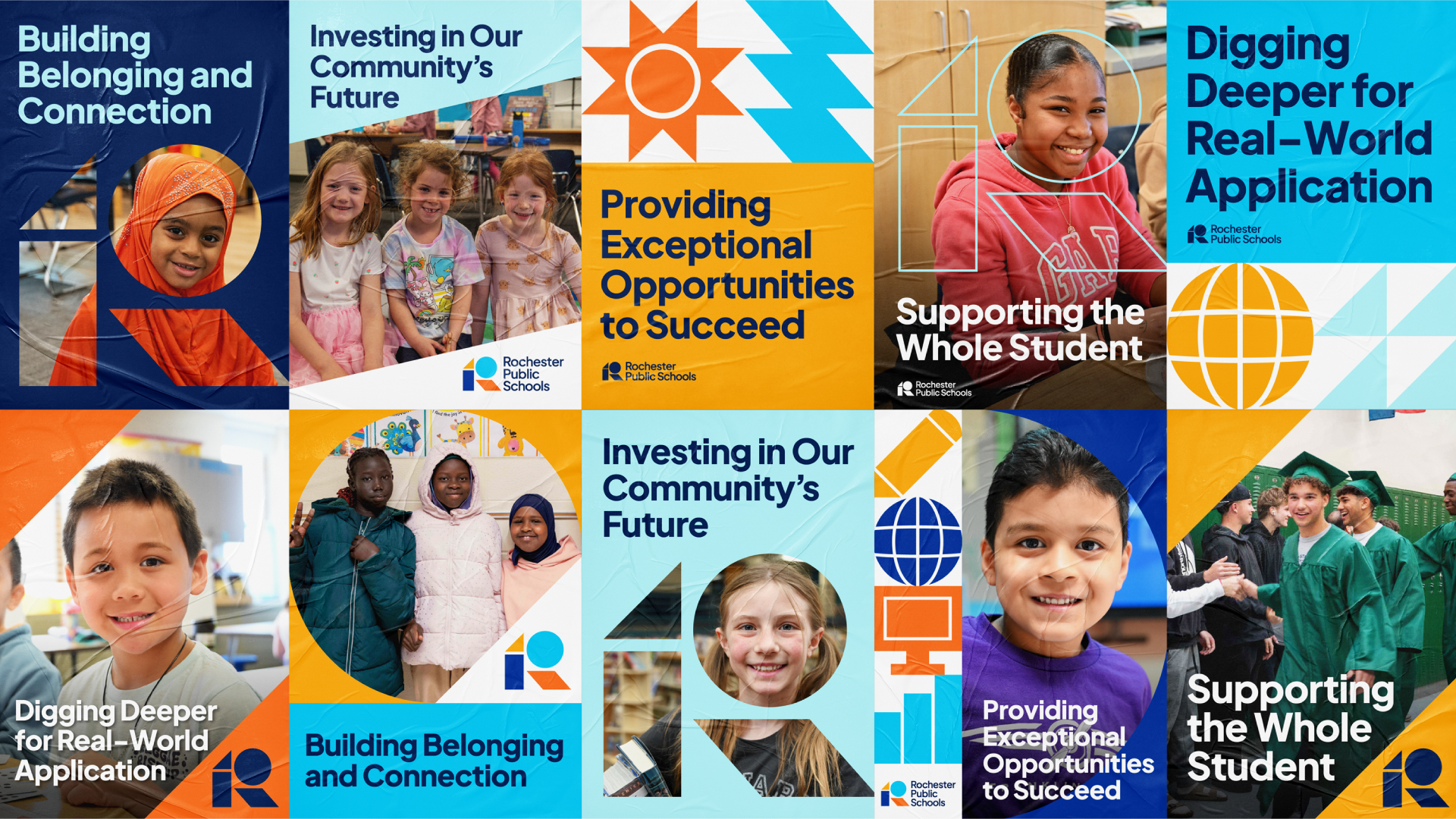 A collage of photos featuring diverse students in classrooms and at graduation, accompanied by the Rochester Public Schools logo and the text: Building Belonging and Connection, Investing in Our Communitys Future, Providing Exceptional Opportunities to Succeed, Supporting the Whole Student, and Digging Deeper for Real-World Application.